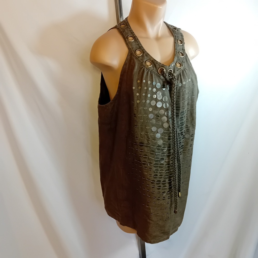 Signal Linen Sequin Studded Grommet Sleeveless Top Olive Green Bohemian Work XL - Picture 2 of 16